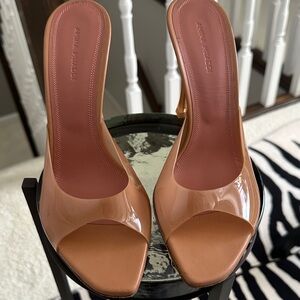 Amina Muaddi Glossy Tan Patent Open-Toe Slide Mules